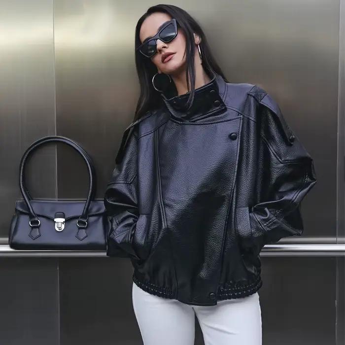 MUJER Dámska bomber bunda z umelej kože, čierna, oversized