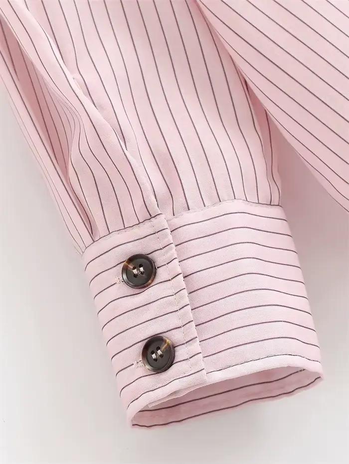 Chemise décontractée polyester rayée pour femmes, coupe ample, printemps-automne, style moderne, confort optimal, ajustement lâche, fermeture boutonnée, ouverture totale, artisanat tat, longueur régulière