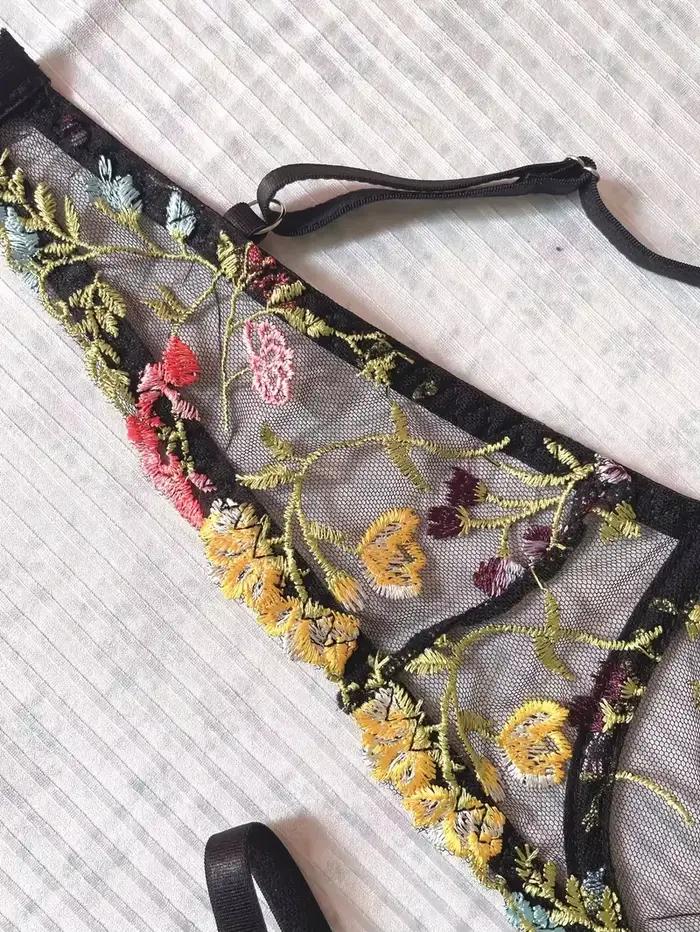 Yimunancy dámska vyšívaná kvetinová boho spodná bielizeň 2-dielna sada podprsenka + nohavičky