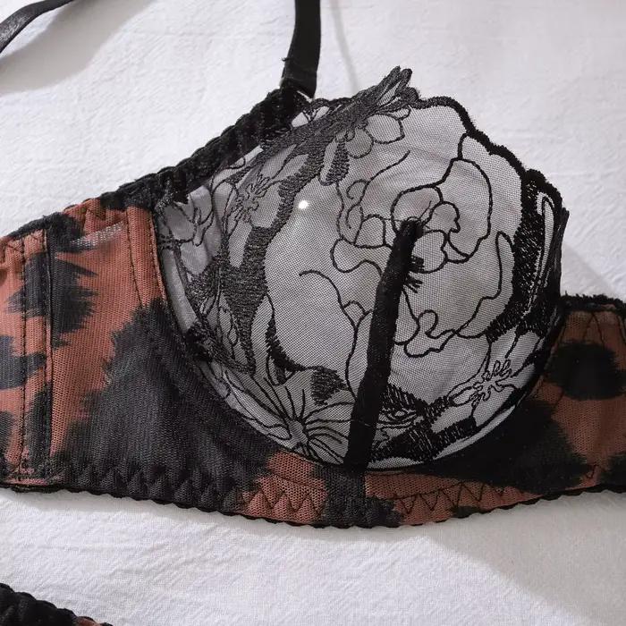 Ensemble de lingerie léopard 5 pièces pour femme, avec soutien-gorge en dentelle, bas et collier ras-du-cou, pour déguisement de cowgirl équestre sauvage, tenue de fête sexy
