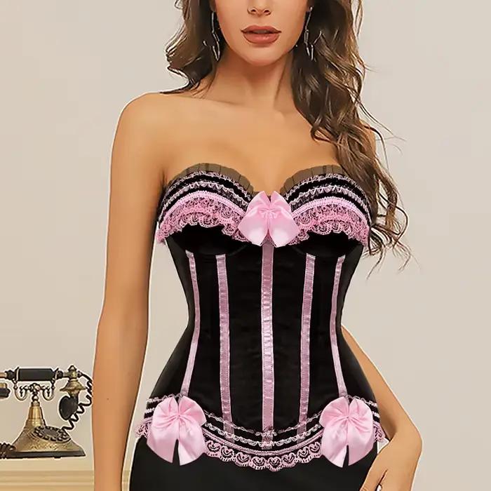 Corset rose pour femme, bustier victorien, rayé, sexy, surbuste, taille, amincissant, princesse, costume d'Halloween