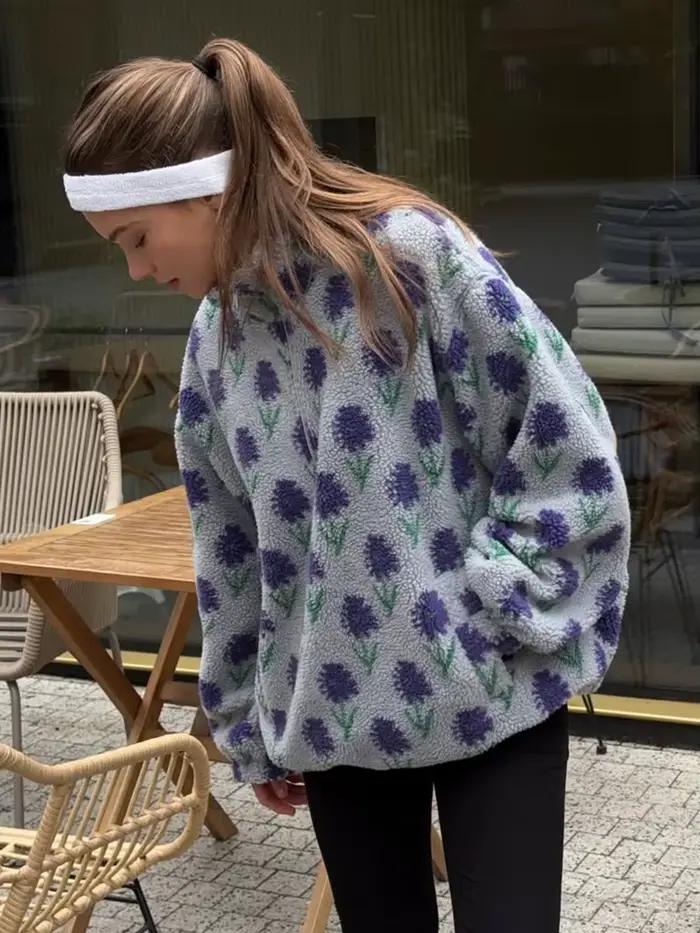 Bornladies dámska jeseň zima nová fleece žakárová mikina s polovičným zipsom