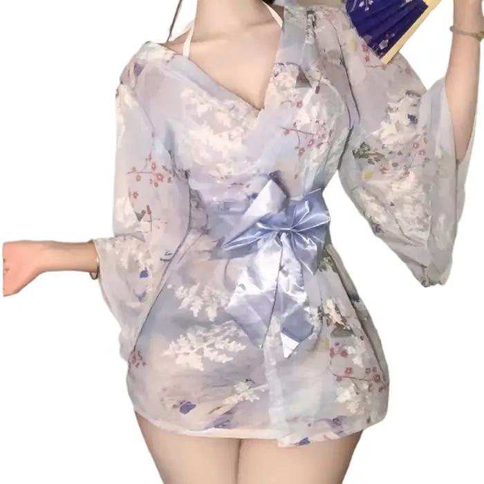 Nová nočná róba Kimono z potlačeného a vyšívaného šifónu s mašľou