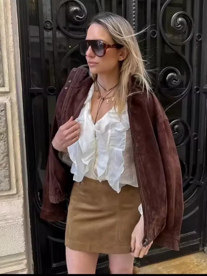 2025 Zima Vintage Hnedá Semišová Voľná Bunda pre Ženy Pohodlný Stojací Golier Hrubé Vrecká Teplý Kabát Jeseň Dámsky Zvrchník Streetwear