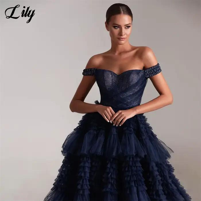Lily-Robe de soirée chic en filet bleu marine pour femme, robe de Rhà plusieurs niveaux, robes de nuit scintillantes Off the Initiated, robe personnalisée
