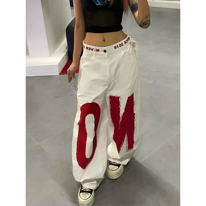ZHIZOU dámske biele nohavice s potlačou písmen Y2k Baggy džínsy 2000s štýl Denim