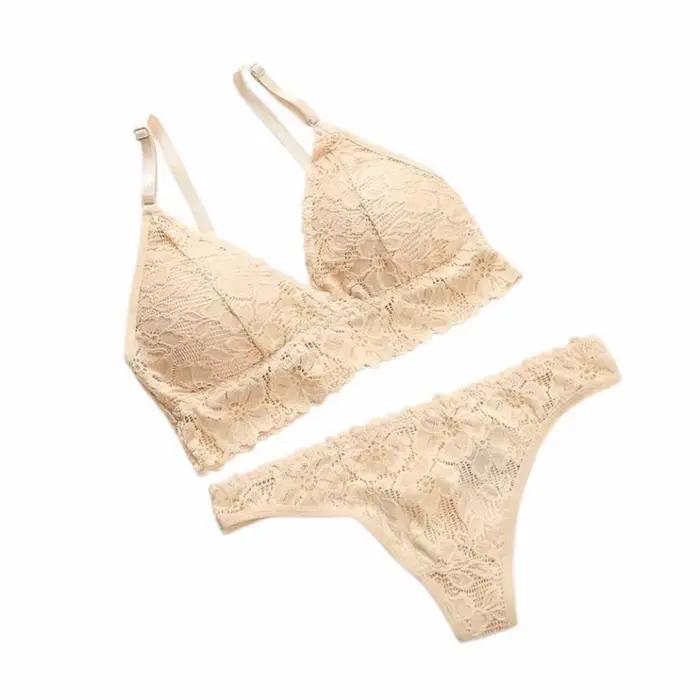 Ensemble de lingerie en dentelle à col en V avec soutien-gorge à fleurs, culotte string de couleur unie, kit de lingerie transparente en dentelle pour filles