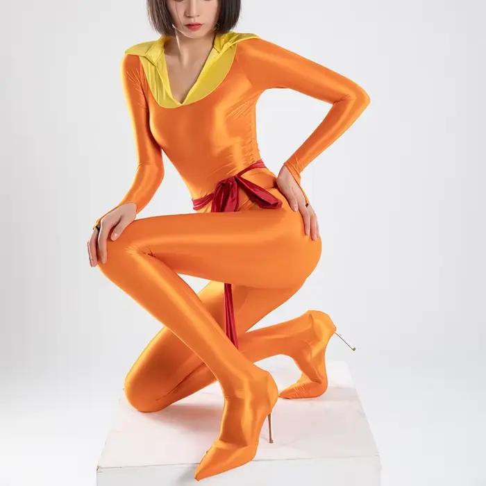 Body soyeux brillant en satin à manches longues pour femmes, costume complet de batterie, barboteuses serrées sexy, chaussures percées au doigt, cosplay, nouveau