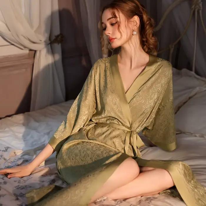 2025 toutes saisons Jacquard une pièce femmes pyjamas printemps automne longue peignoir glace soie luxe Satin Homewear chemise de nuit vêtements de nuit