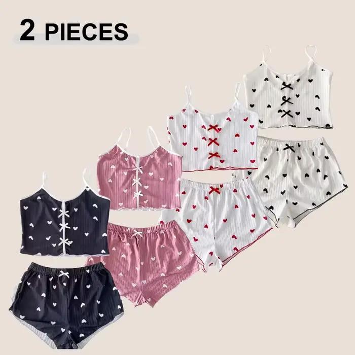 Dámske nočné oblečenie pyžamový set srdiečková potlač jemný rebrovaný materiál s glamour volánmi ležérny cami top a