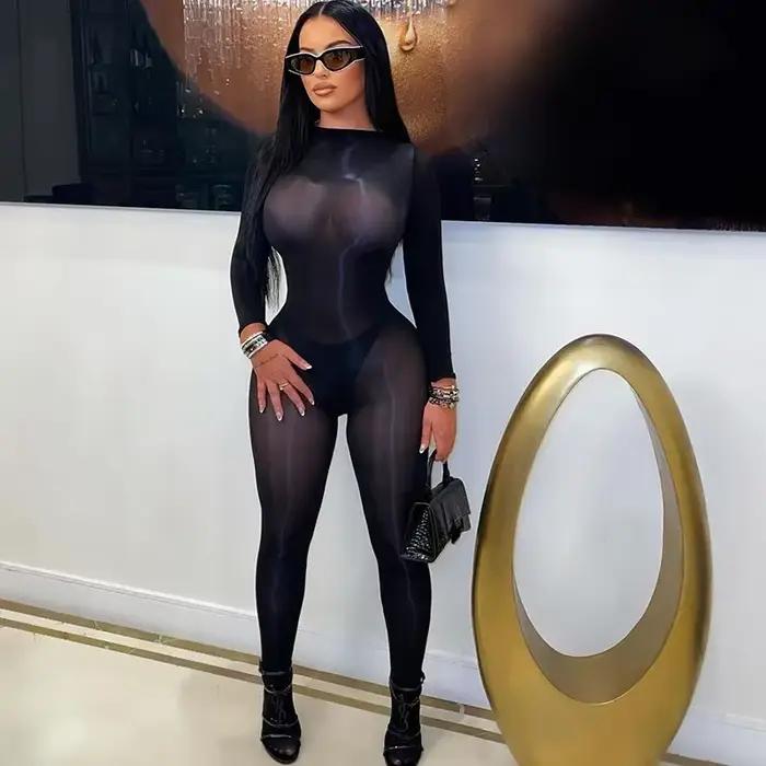 Doyerl sieťovaná priesvitná čierna kombinéza pre ženy Sexy Rave večierok jednodielny Club body na párty štíhla obtiahnutá salopeta Catsuit
