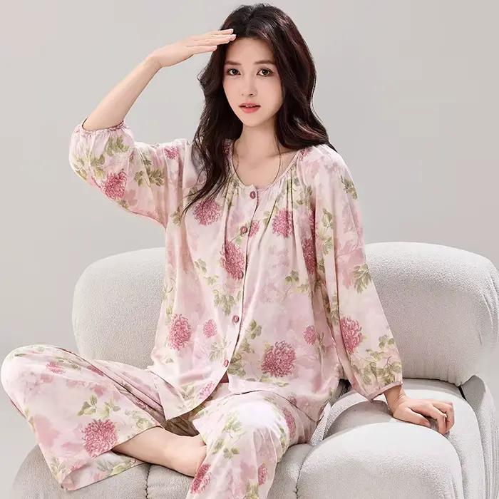 Pyjama féminin en coton viscosé imprimé pour femmes élégant et confortable occasion nuit automne maison