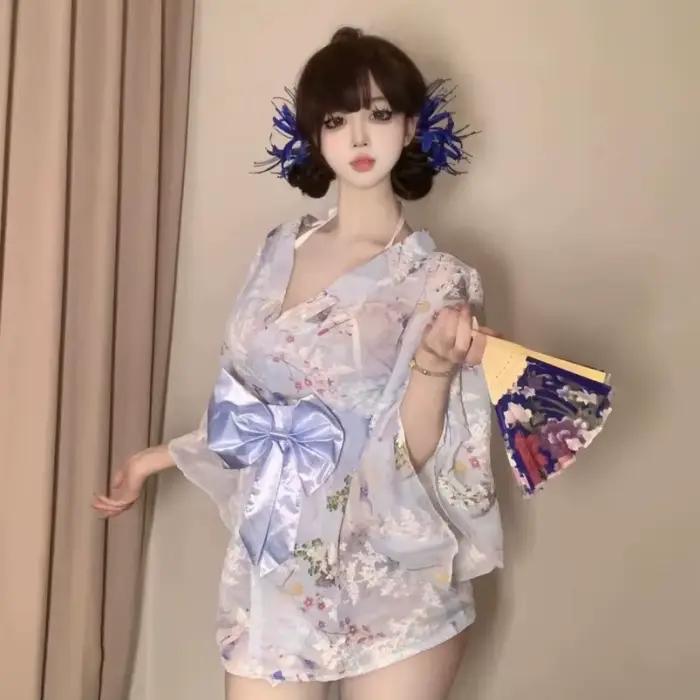 Nouvelle Robe de Nuit Kimono en Chiffon Imprimée et Brodé, Col en V Profond, Nœud Papillon, Séduisante et Coquette, Lingerie Érotique