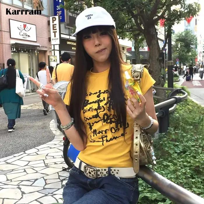 Karrram japonské Y2k písmenové tričko Vintage Harajuku krátky top Trashy 2000s štýl s krátkym rukávom