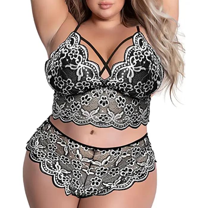 Grande taille soutien-gorge 2 pièces ensembles Lingerie Sexy femmes dentelle broderie soutien-gorge et slip ensembles sous-vêtements vêtements de nuit pyjamas ensemble exotique 4XL