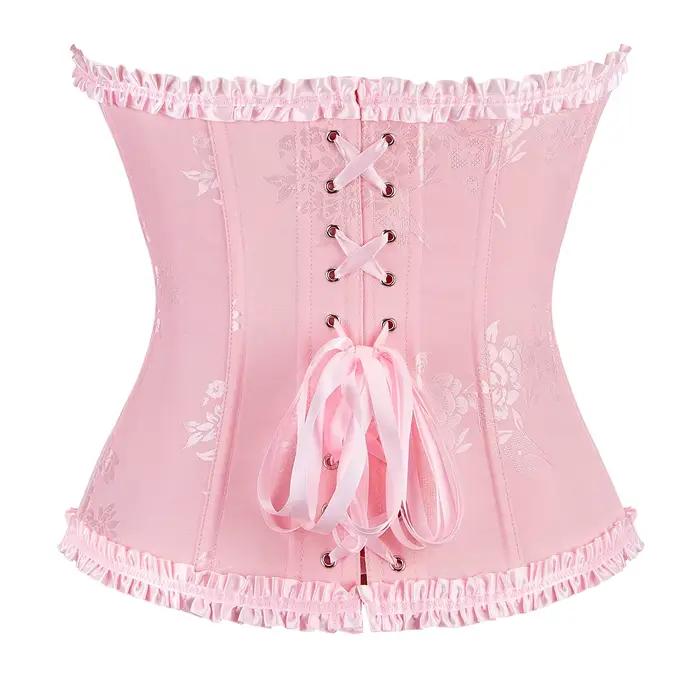 Corset rose pour femmes, bustiers et corsets gothiques, corselet overbust, costume de spectacle d'Halloween, corsets à imprimé floral, haut à lacets
