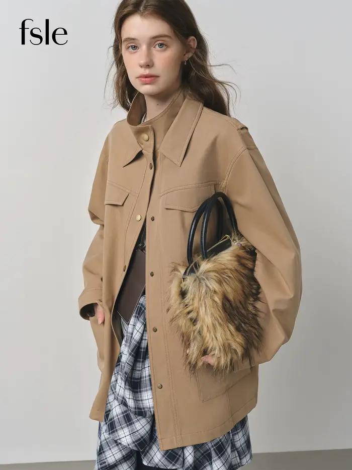 FSLE 2025 nová jeseň dámske Vintage Baren štýl pracovná bunda oversized golier kabát retro voľný strih