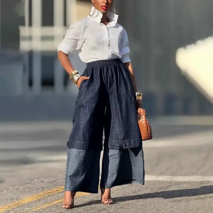 UOOZEE mestské dámske streetwear vrstvy Denim nohavice so širokými nohavicami voľné elastické vysoký pás vrecká Baggy džínsy