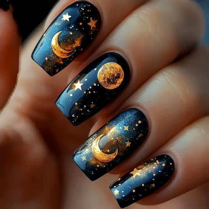 Faux ongles de ballet carrés lune étoile design étoiles ciel nuageux occasion bureau femmes elegance artificiels