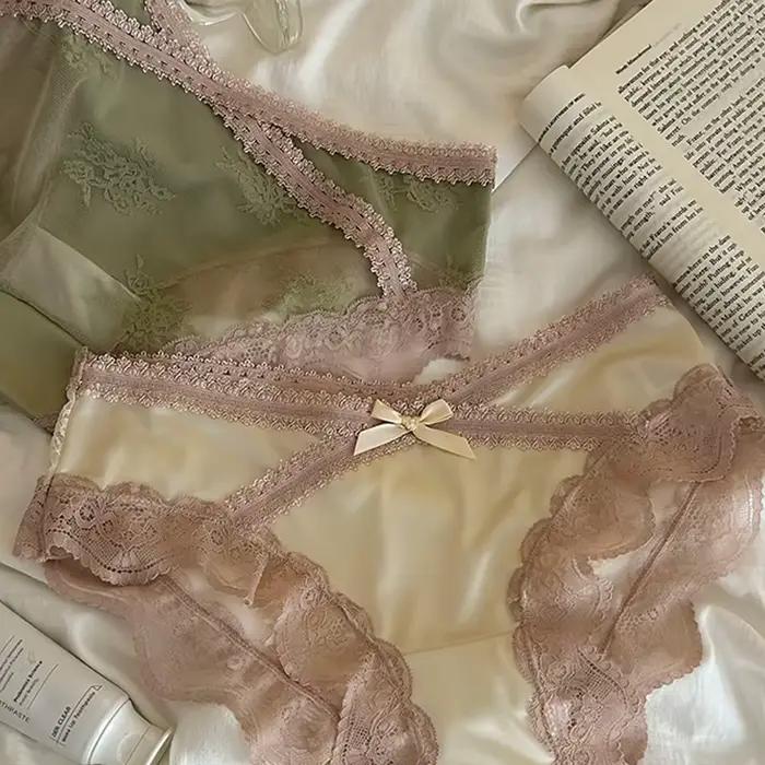   CINOON femmes Sexy dentelle culottes glace soie Satin Sexy slips x-avant évider sous-vêtements nœud français intimes respirant Linger