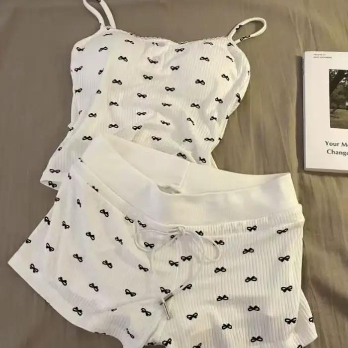 Ensemble de pyjama d'été pour femme avec nœud, débardeur et short, 2 pièces, décontracté, respirant, coupe ajustée, ensemble de lingerie de nuit