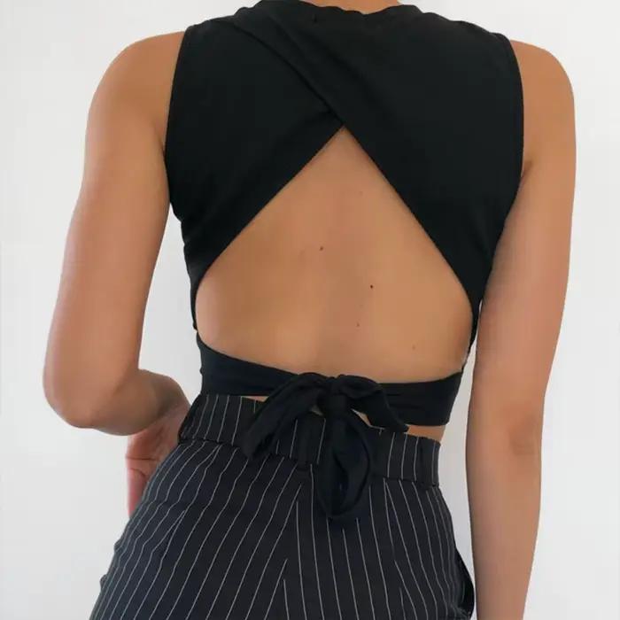 Sexy odhalený chrbát dámske tielko bandáž tenký krátky top leto 2025 ležérny top streetwear pevná bavlna mäkký krížový top
