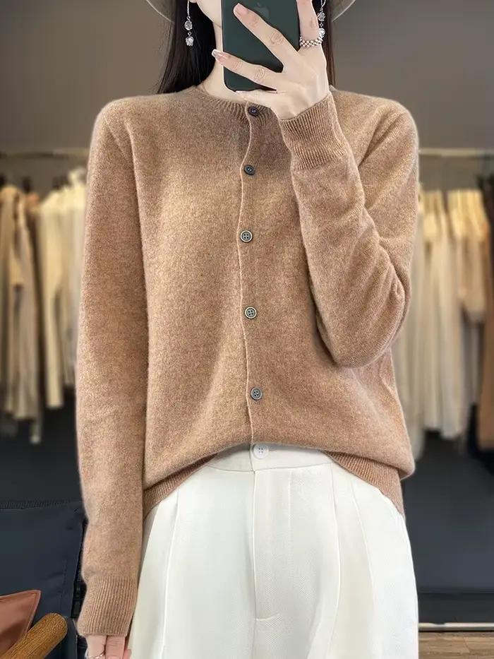 100% merino vlna pulóver pre ženy okrúhly výstrih Cardigan základný štýl gombíkový úplet pre