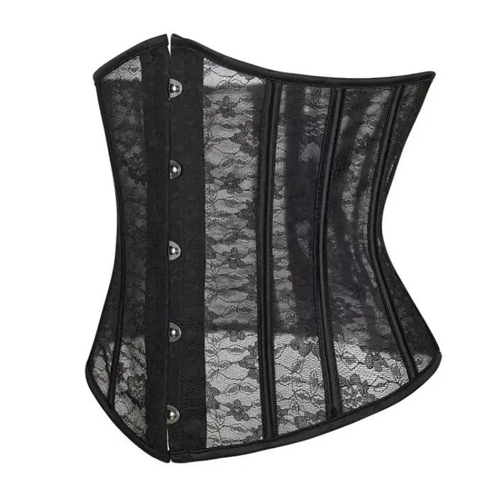 Corset sous-poitrine pour femme, noir et blanc, en maille transparente et dentelle, avec baleines en plastique, bustier, basques, gaine amincissante, serre-taille, korset ﻿