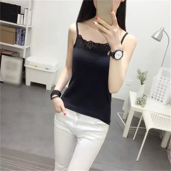Camisole à bretelles spaghetti pour femmes, dentelle précieuse, caraco d'été, haut court, écharpe de base solide, t-shirt en fibre, mode