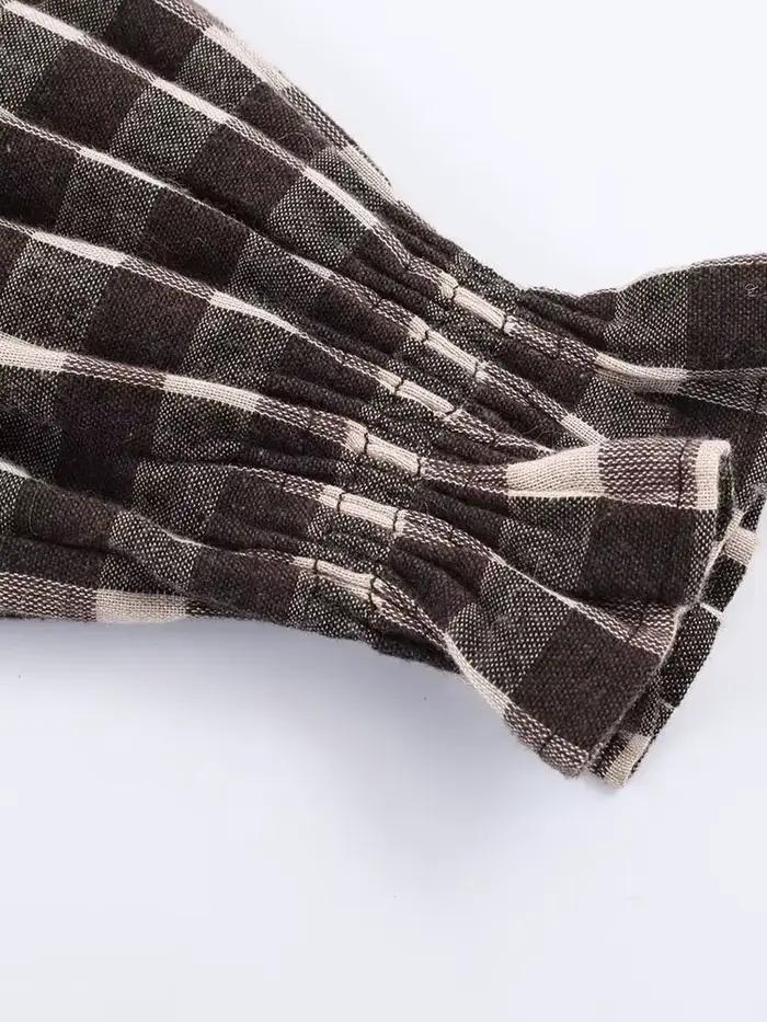 Nlzgmsj 2025 Vintage Chic hnedá kockovaná košeľa pre ženy s dlhým rukávom Blúzka s riasením ležérny elegantný top