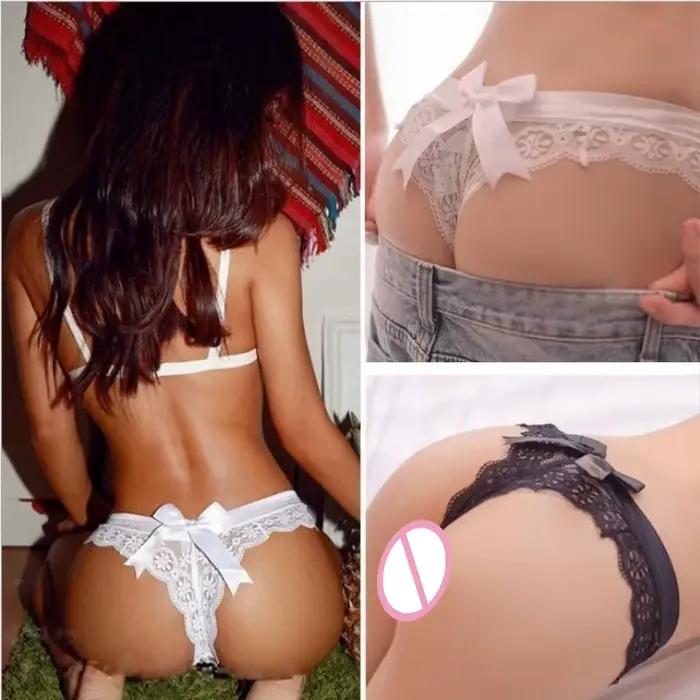 Noeud papillon taille basse sans couture string Sexy dentelle culottes femmes sous-vêtements respirant grande taille slips femme Lingerie blanc string