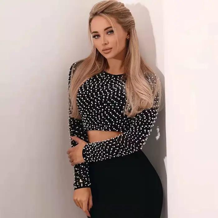 Sexy perlový top s dlhými rukávmi pre ženy