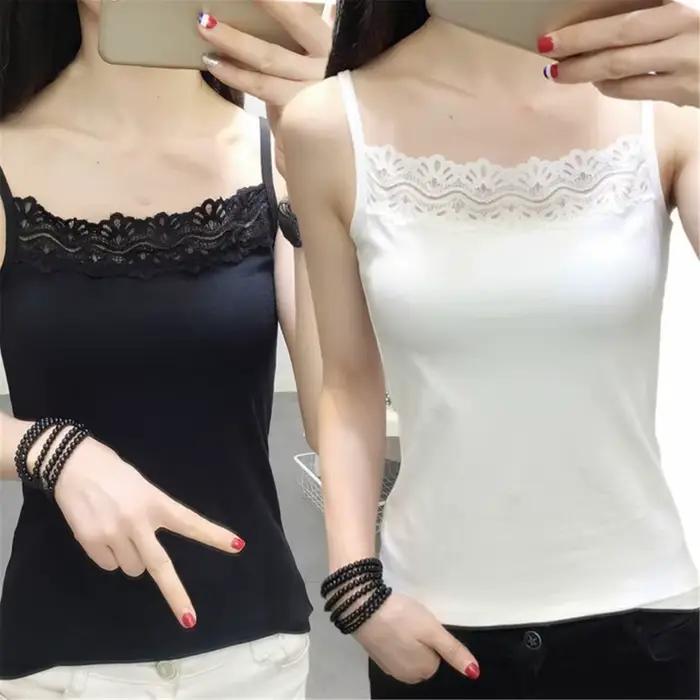 Camisole à bretelles spaghetti pour femmes, dentelle précieuse, caraco d'été, haut court, écharpe de base solide, t-shirt en fibre, mode