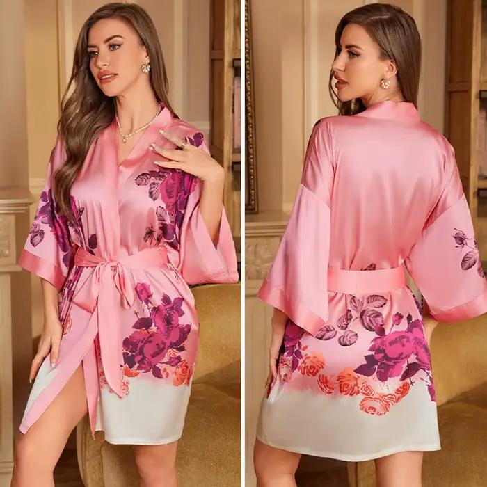 Robe de Nuit en Satin Bleu Marine à Imprimé Floral pour Femme, Kimono, Peignoir, Vêtement de Maison, Printemps et Été