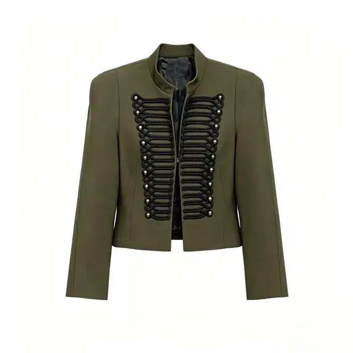 Veste courte en polyester avec détails dorés pour femmes, style décontracté et élégant pour les saisons printemps et automne, idéale pour sorties et occasions spéciales