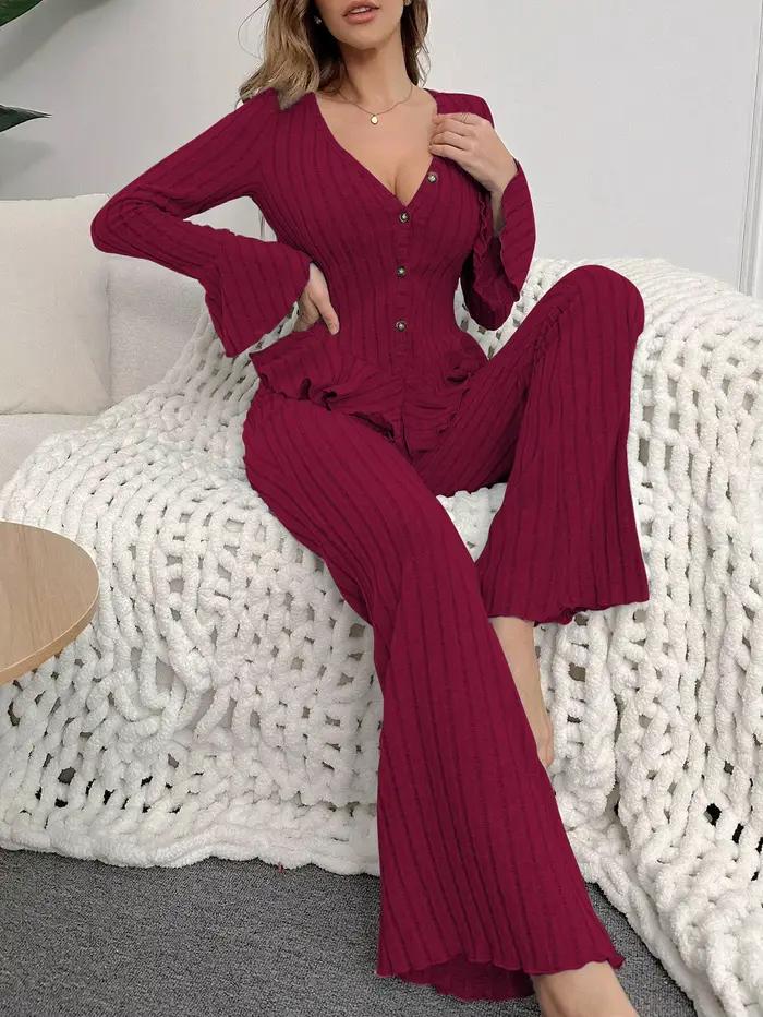 Ensemble pyjama deux pièces pour femmes, vêtements de nuit, Sexy, col en V, manches longues, hauts et pantalons, vêtements de maison, automne et hiver