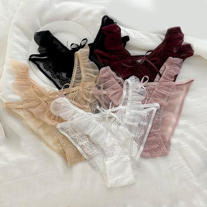 Sous-vêtements en dentelle sexy pour femmes, culotte fine, pantalon triangle, bord à volants, sans lueur, pur désir