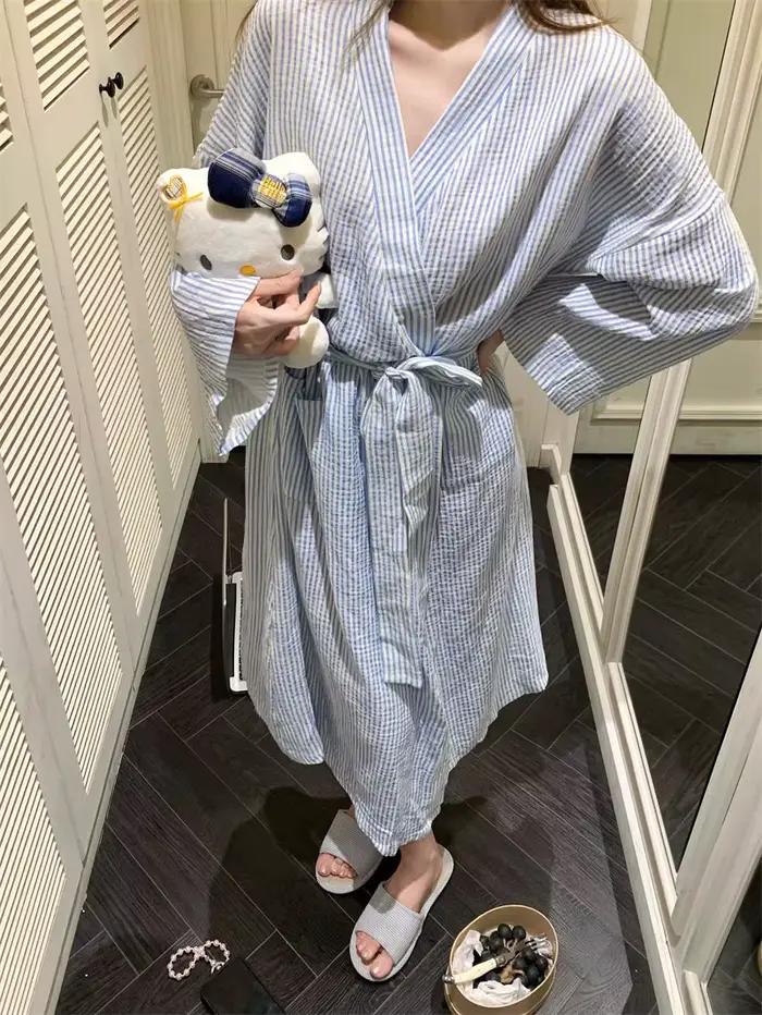 Chemise de nuit rayée bleue, robe de matin décontractée ample et simple à manches longues pour femme, printemps et été, vêtements d'intérieur, chemise de nuit
