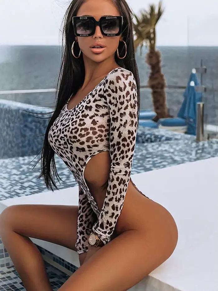 Léopard Sexy taille haute femmes Body maille Transparent sauvage extensible string corps T-Shirt rue soirée vêtements chaud