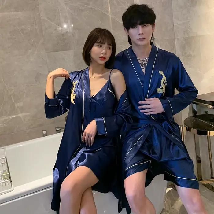 Amoureux Robe en soie Robe ensemble Sexy 2 pièces ensemble de salon Satin broderie Dragon vêtements de nuit Robe dames vêtements de nuit solide chemise de nuit