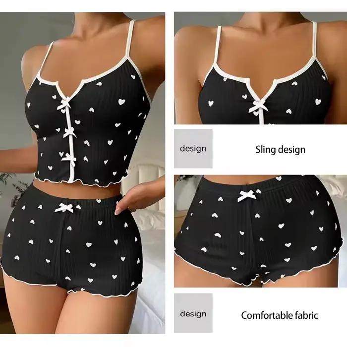 Dámske nočné oblečenie pyžamový set srdiečková potlač jemný rebrovaný materiál s glamour volánmi ležérny cami top a