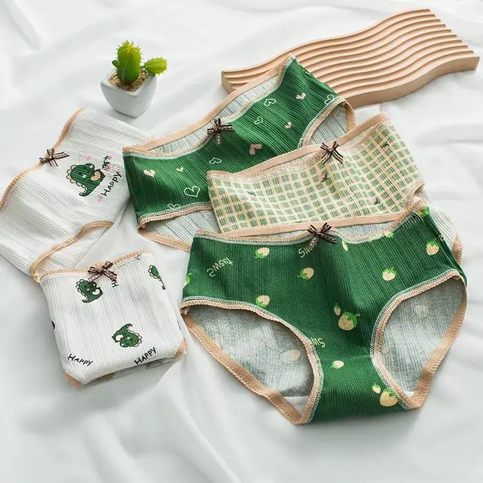 Culotte verte sous-vêtements en coton pour femmes, slip confortable avec nœud à la mode, taille moyenne, sans couture, joli dessin animé pour filles