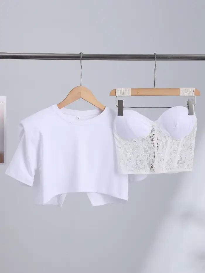 Nový sexy dvojdielny set pre ženy: Krátky korzet s čipkovaným patchworkom