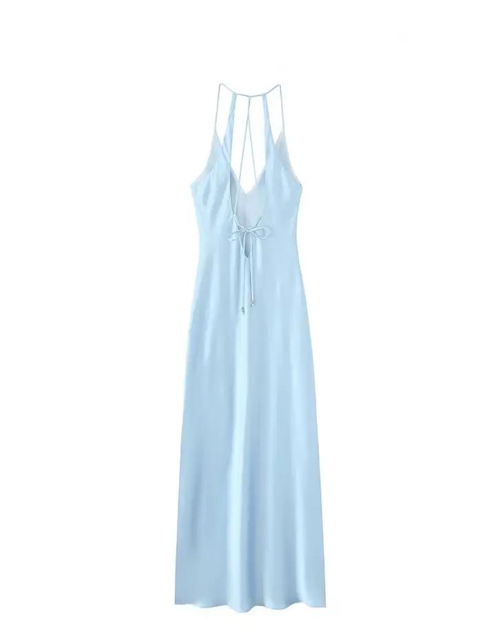 HH – robe mi-longue en Satin de soie pour femmes, nouvelle Lingerie d'été, Texture, élégante, col en v, Sexy, sans manches, longueur cheville