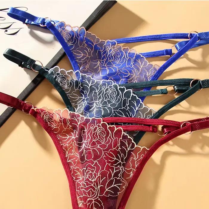 Sexy čipkované vyšívané tangá pre ženy G-struny priehľadné sieťované spodné prádlo dámske nohavičky s nastaviteľným pásom