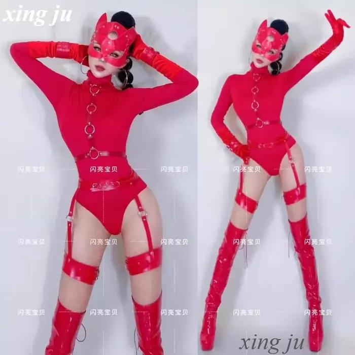 Discothèque femme chanteuse pôle danse Sexy rouge à manches longues combinaison filles Performance Costume DJ scène serré Shorts danseur tenues
