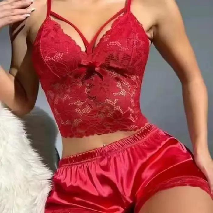Ensemble pyjama femme 2 pièces/ensemble, vêtements de nuit pour la Saint-Valentin, dentelle ajourée, col en V, dos nu, haut court sans manches, short en satin taille haute