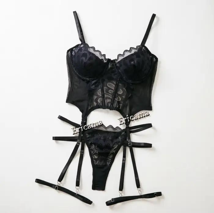 Ensemble de lingerie en dentelle 7.0 avec nœud décoratif, soutien-gorge évidé à bretelles, string, porte-jarretelles, sous-vêtements sexy pour femmes