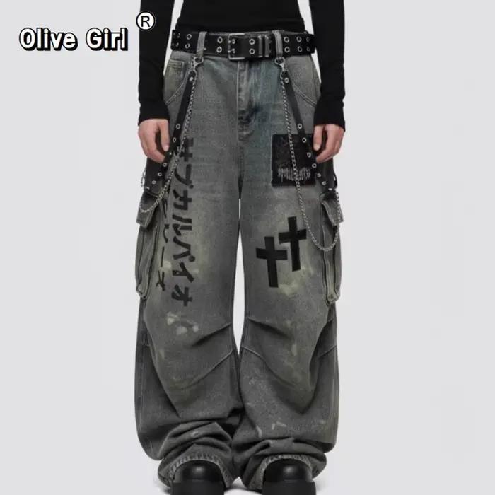 Veľká veľkosť lebka kríž dámske džínsy Denim nohavice americké retro atmosféra široké