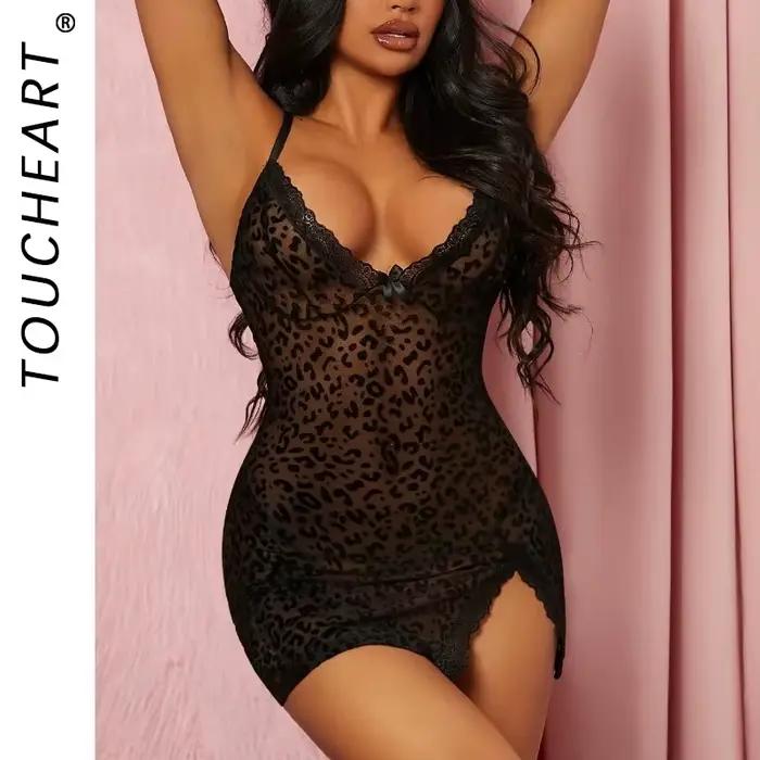 Toucheart – costume de Lingerie Sexy imprimé léopard pour femmes, chemise de nuit serrée en maille, pyjama à bretelles, string, ensemble de sous-vêtements, nouveau